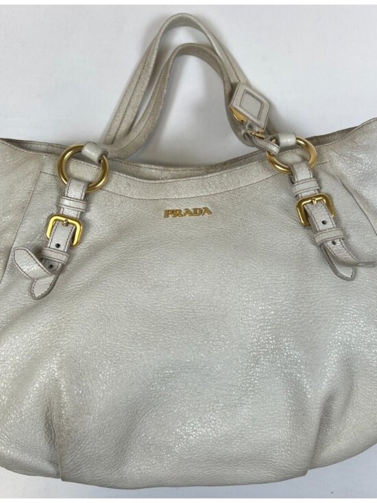 PRADA Handbags - Prada Women White Vitello Daino Pebbled Leather Tote Bag Gold Hardware Large
